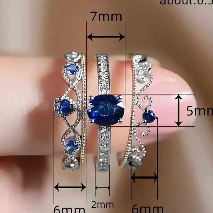 Noble Blue Cubic Zirconia 3Pcs Rings Set for Women Wedding Party Silver Color Luxury Fashion Jewelry
