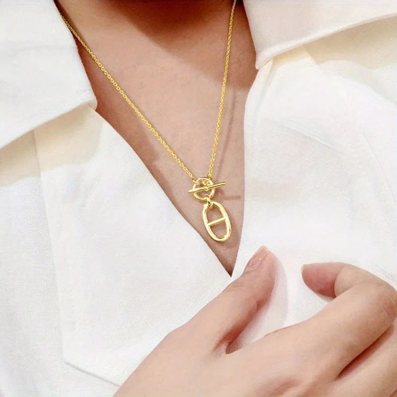 Minimalist OT Button Oval Pendant Necklace for Women's Holiday Parties, Weddings, Jewelry Gifts
