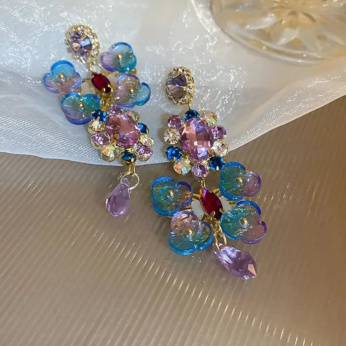 Silver Needle Asymmetrical Diamond Crystal Flower Earrings 2026 Bohemian Gift