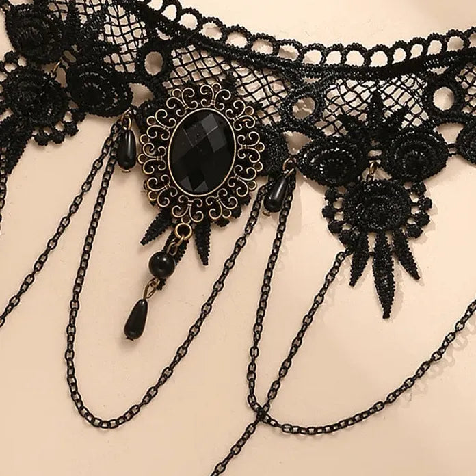 Black Lace Gothic Punk Choker Necklace with Pearl Tassel Roseflower Jewelry