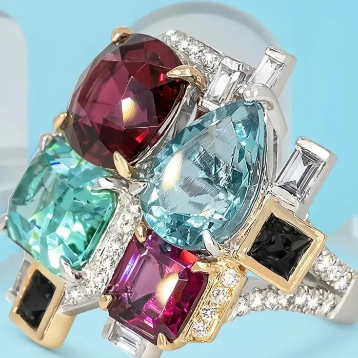 Vintage Two Tone Brass Women Rings with Colorful Cubic Zirconia Party Jewelry