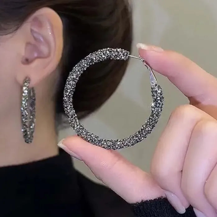 Black Rhinestone Hoop Earrings for Women Elegant Fashion Jewelry