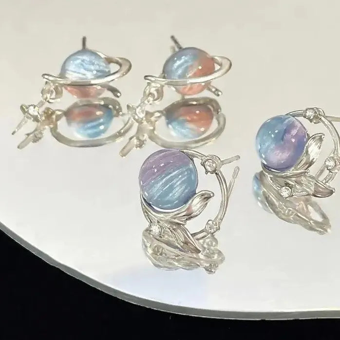Gradient Blue Planet Rhinestone Fish Tail Earrings for Women Girls Jewelry