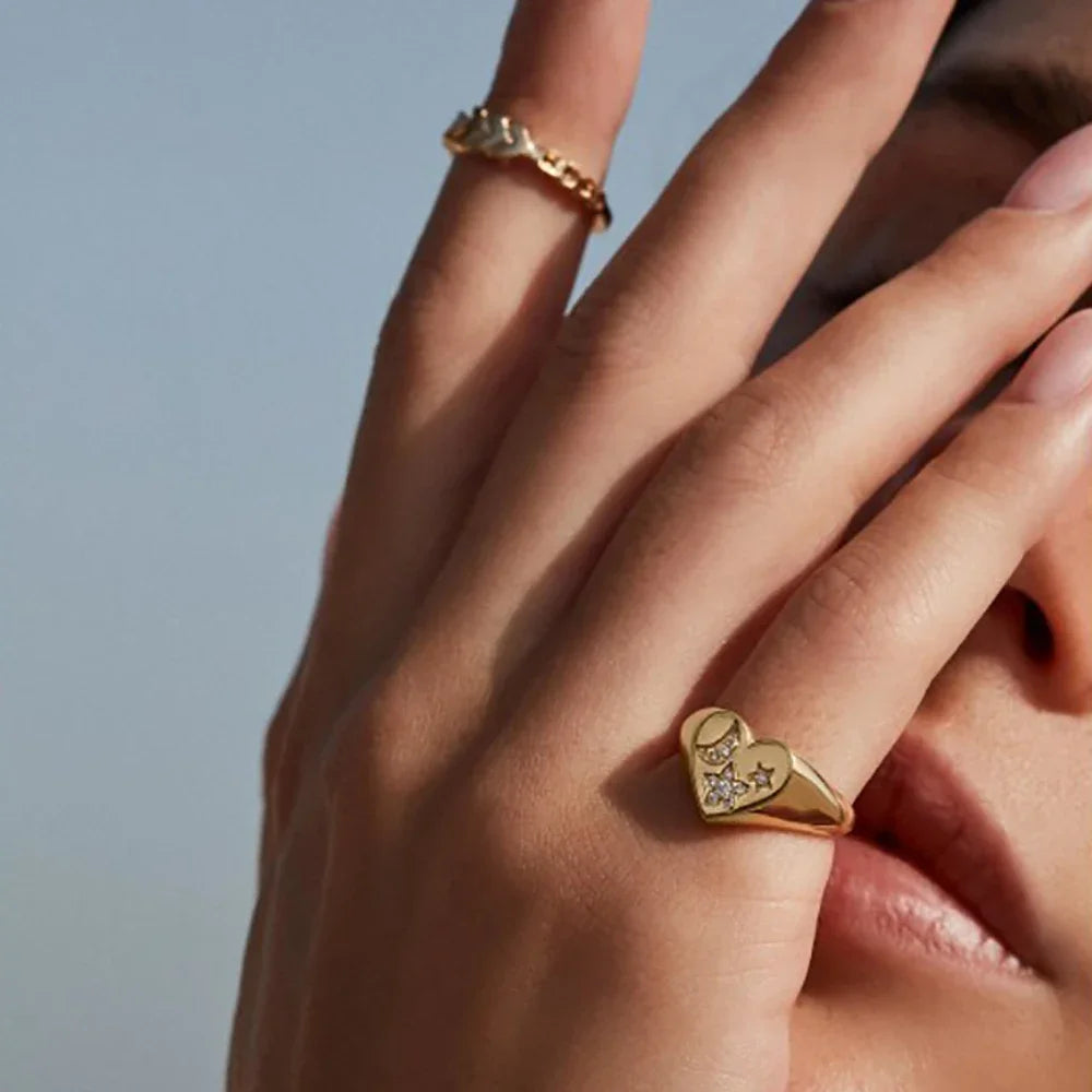 Waterproof Stainless Steel Love Heart Ring for Women 18K Gold Plated CZ Zircon Star Moon Wedding Jewelry