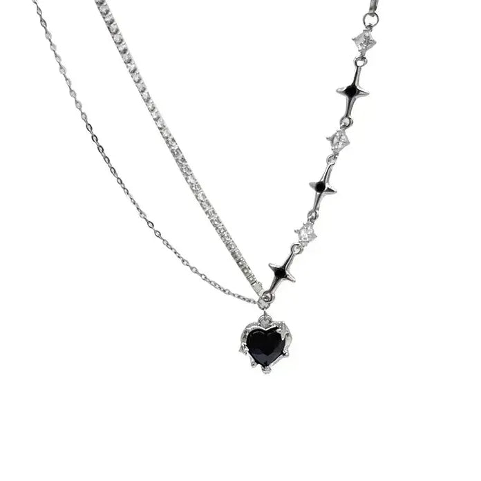 Y2K Kpop Black Heart Asymmetric Star Rhinestone Zinc Alloy Necklace