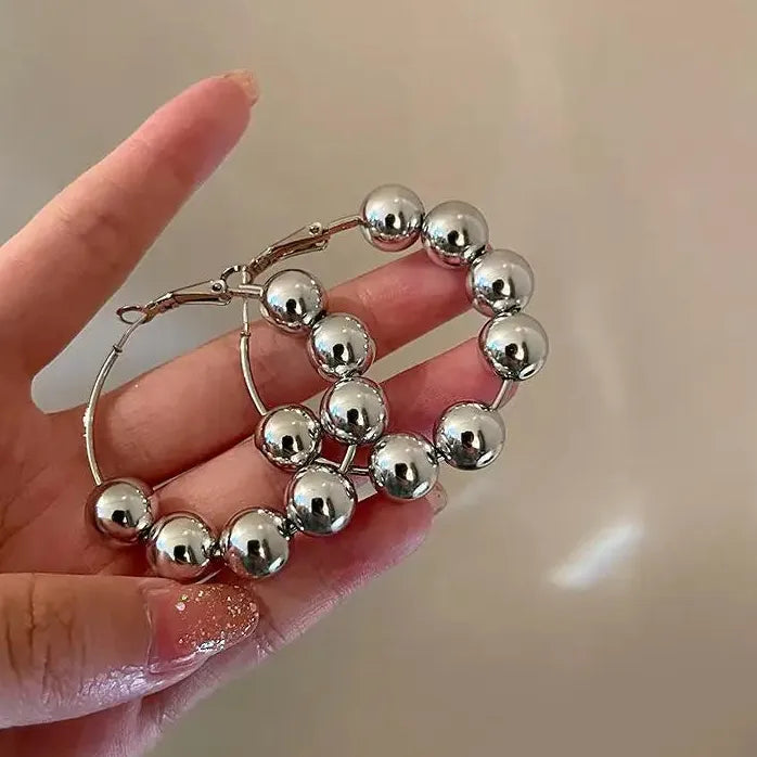 Silver Round Smooth Beaded Hoop Earrings Large Circle Drop for Women