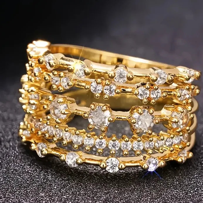 Multi-layer Gold Women’s Cocktail Ring with Shiny Cubic Zirconia Stones