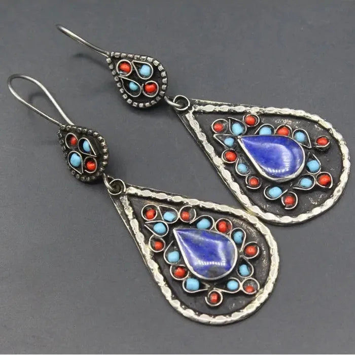 Boho Ethnic Enamel Drop Earrings for Women Retro Hollow Flower Zinc Alloy Jewelry