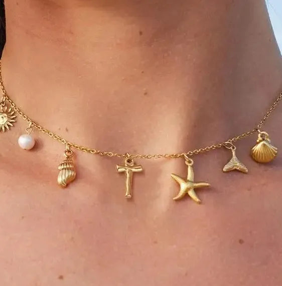 Copper Surfer Girl Seashell Initial Choker Necklace Beach Jewelry Gift