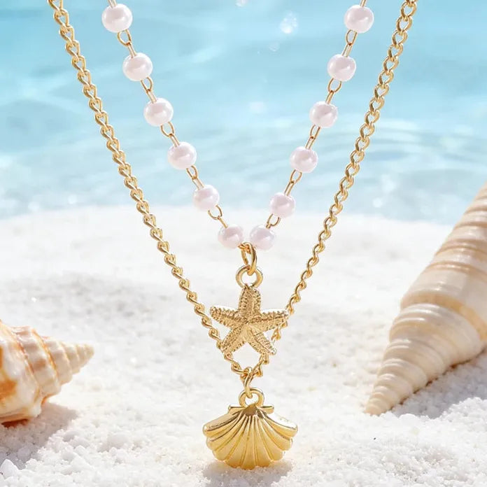 Starfish Shell Pearl Double-Layer Pendant Necklace for Women Zinc Alloy Gift