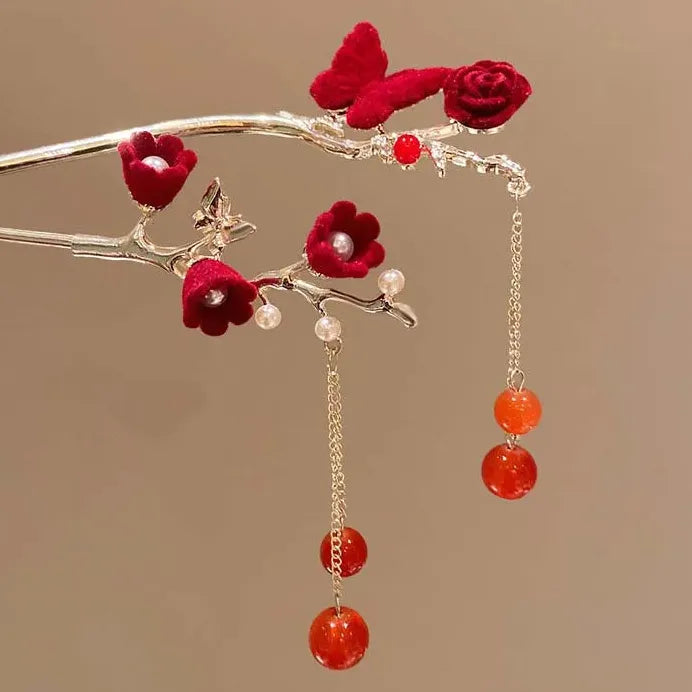 Vintage Chinese Red Rose Alloy Tassel Hair Stick for Women Hairpin