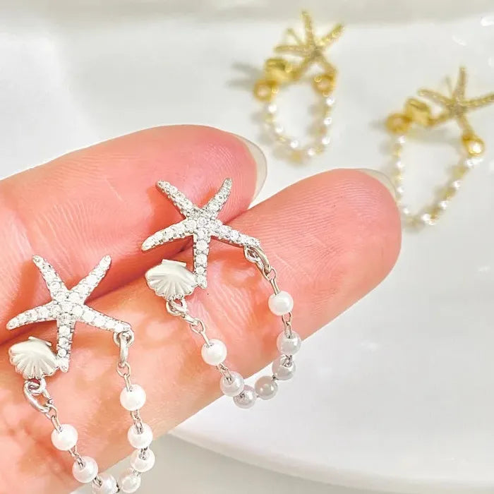 Starfish Shell Pearl Drop Earrings Zinc Alloy Bohemian Beach Jewelry Gift