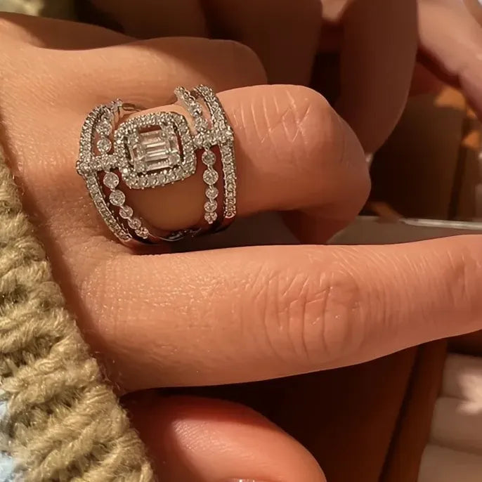 Brass Geometric Cubic Zirconia Wedding Cocktail Ring for Women