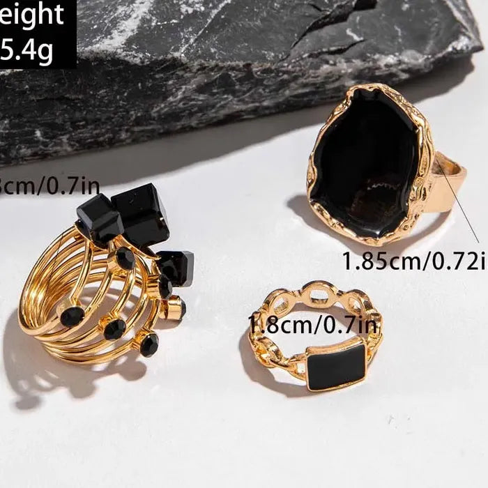 3Pcs Vintage Black Drip Oil Crystal Geometric Rings for Women Jewelry Gift