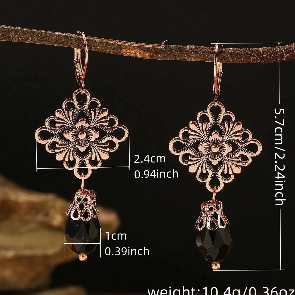 Vintage Silver Zinc Alloy Black Stone Geometric Hollow Flower Earrings for Women