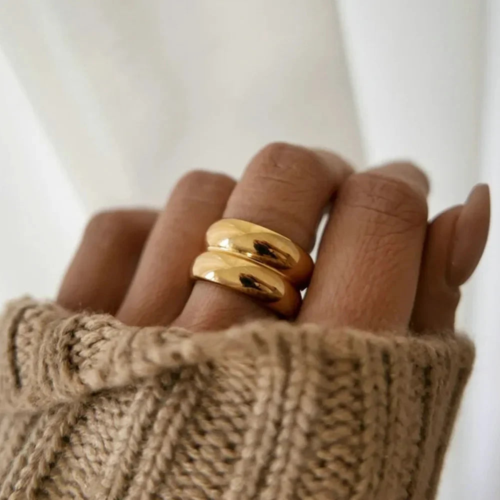 Punk Polished Bilayer Stainless Steel Chunky Rings for Women Gold Plated 2025