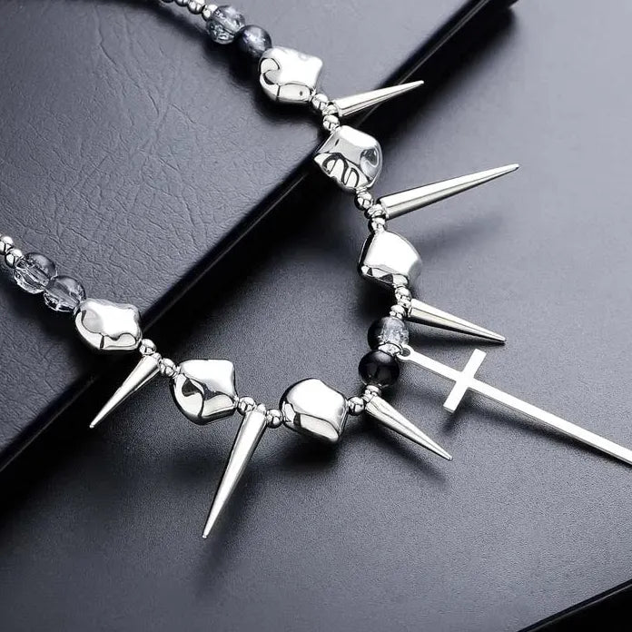 Retro Silver Rivet Cross Pendant Necklace Unisex Punk Hip Hop Y2K Gift