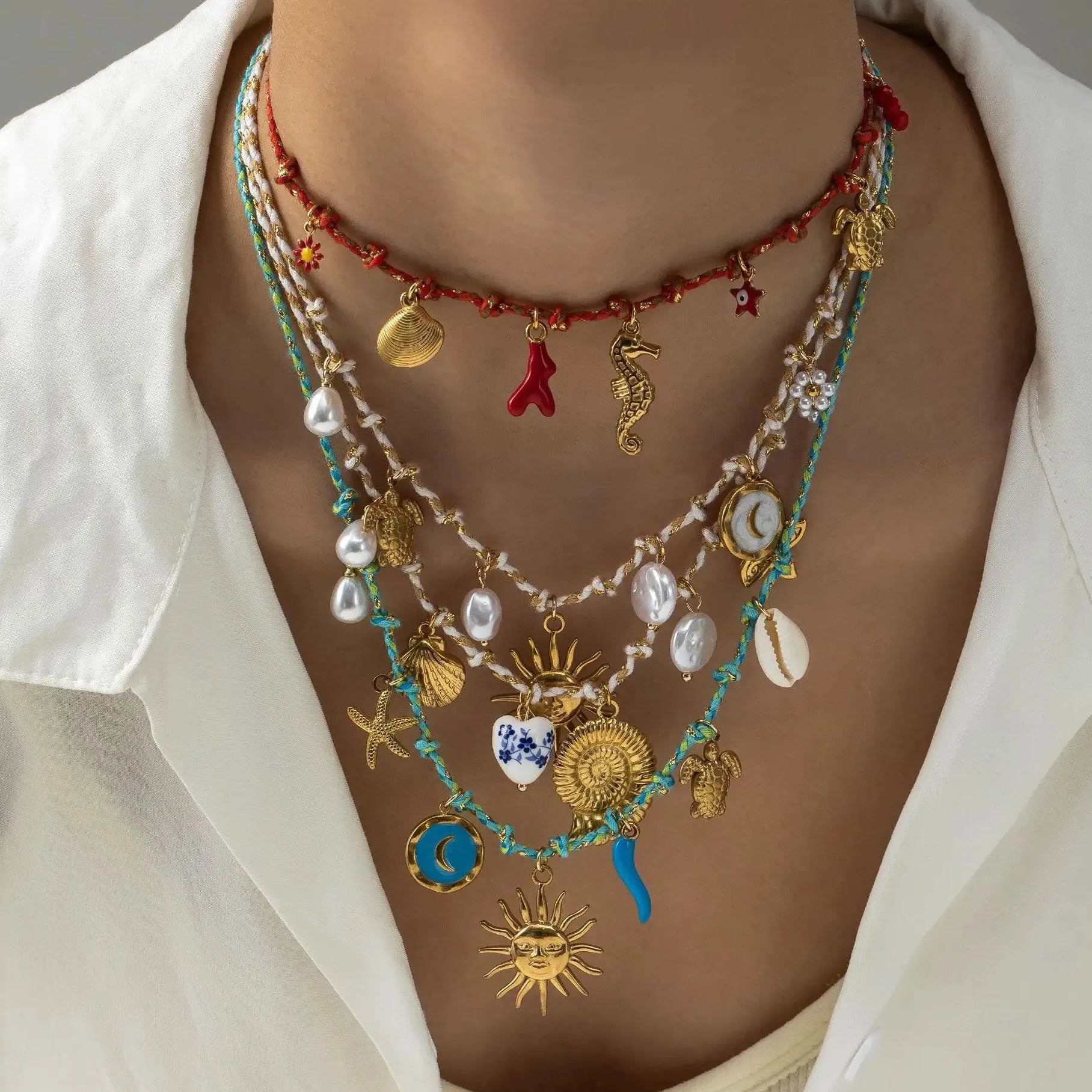 Pearl Marine Organism Pendant Choker Necklace Rope Shell Coral Beach Jewelry