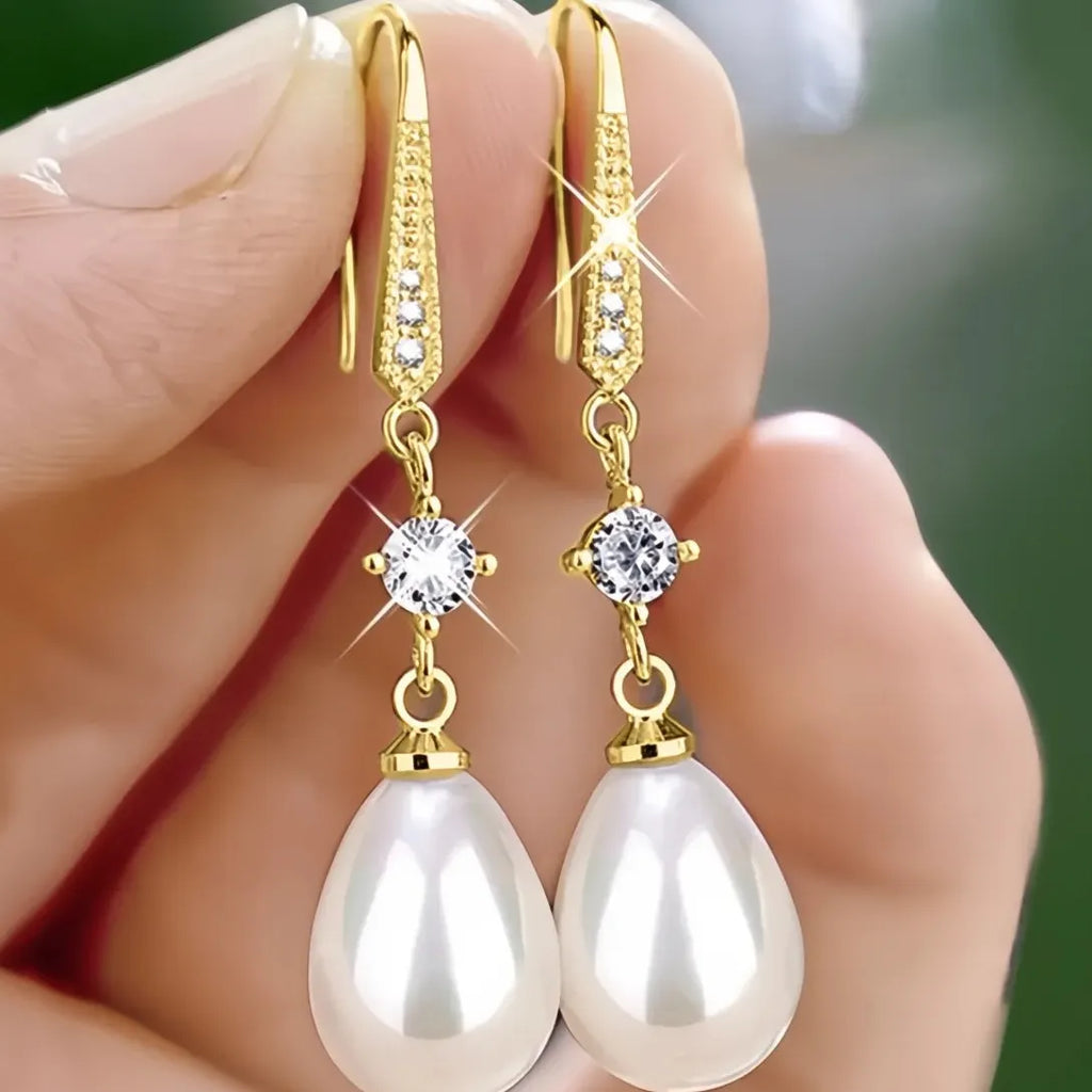 Women Drop Earrings Imitation Pearl CZ Copper Alloy Geometric Wedding Jewelry