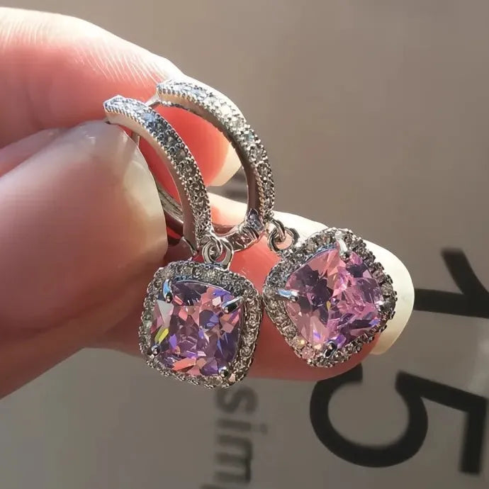 Blue Pink Green White Cubic Zirconia Geometric Dangle Earrings Silver Brass