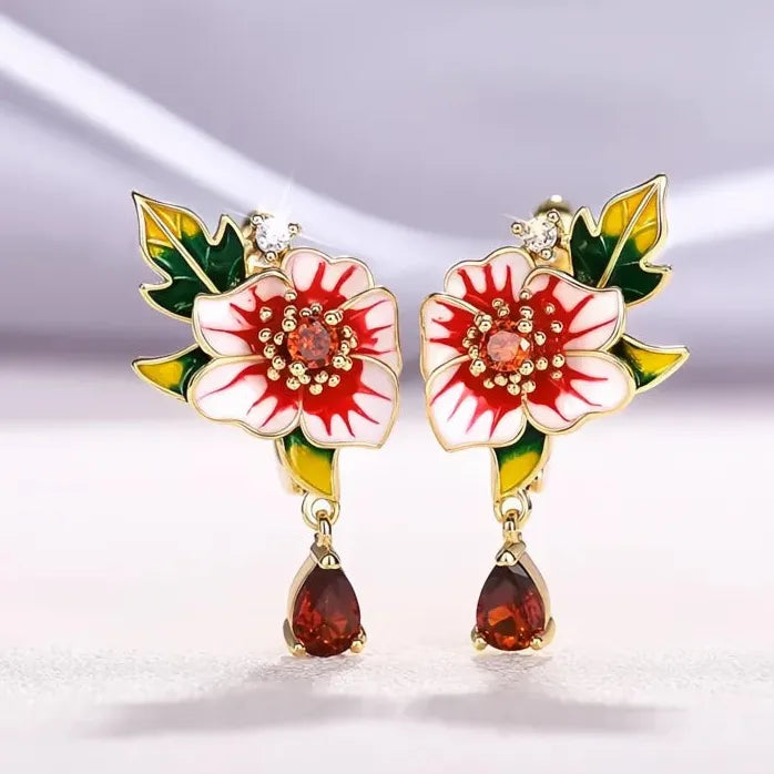 Red Flower and Green Leaf Brass Earrings for Women Enamel Jewelry