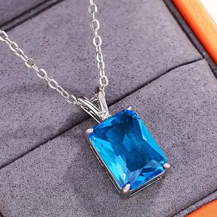 Rectangular Blue CZ Pendant Necklace for Women Silver Wedding Jewelry