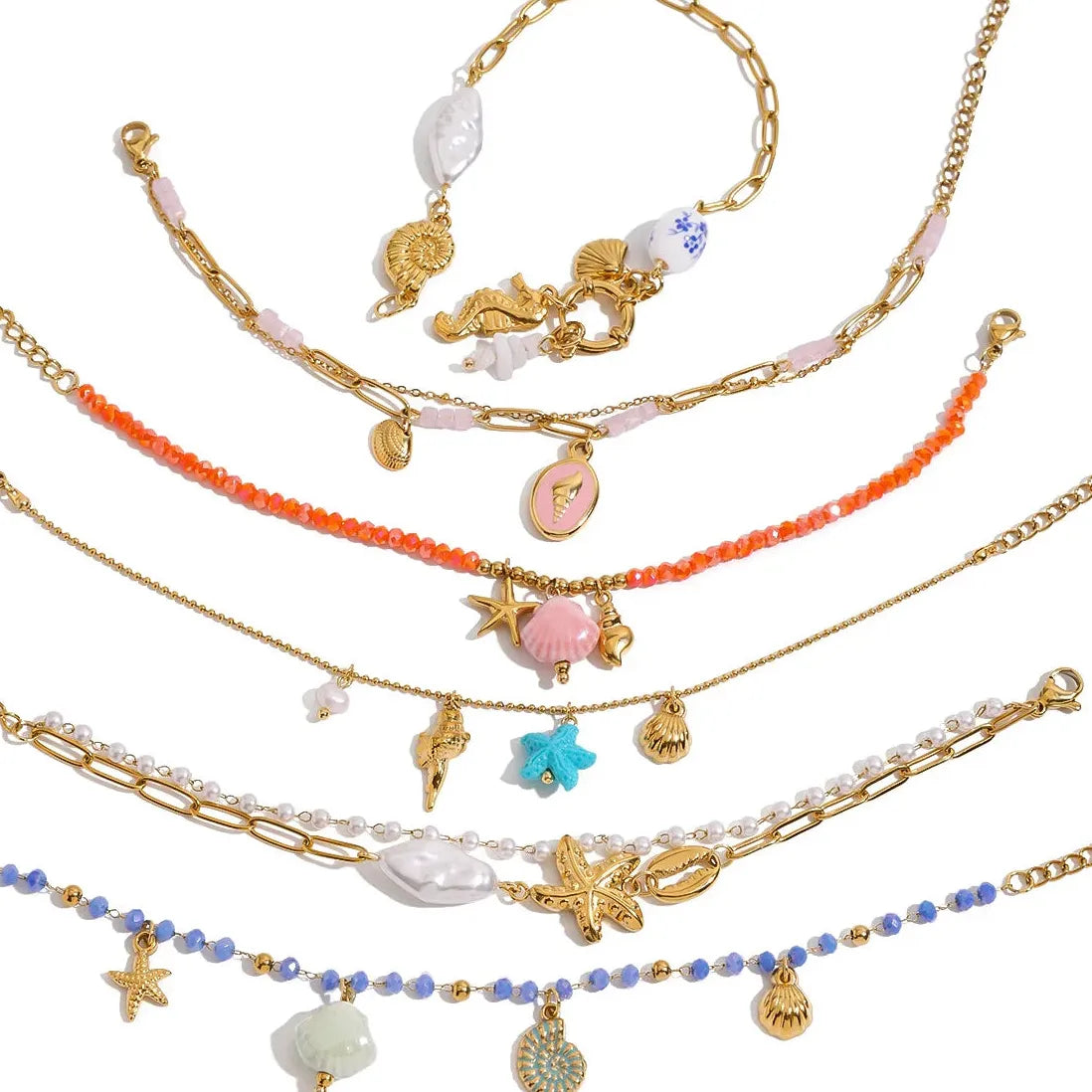 Stainless Steel Summer Beach Conch Shell Starfish Charm Bracelet Women