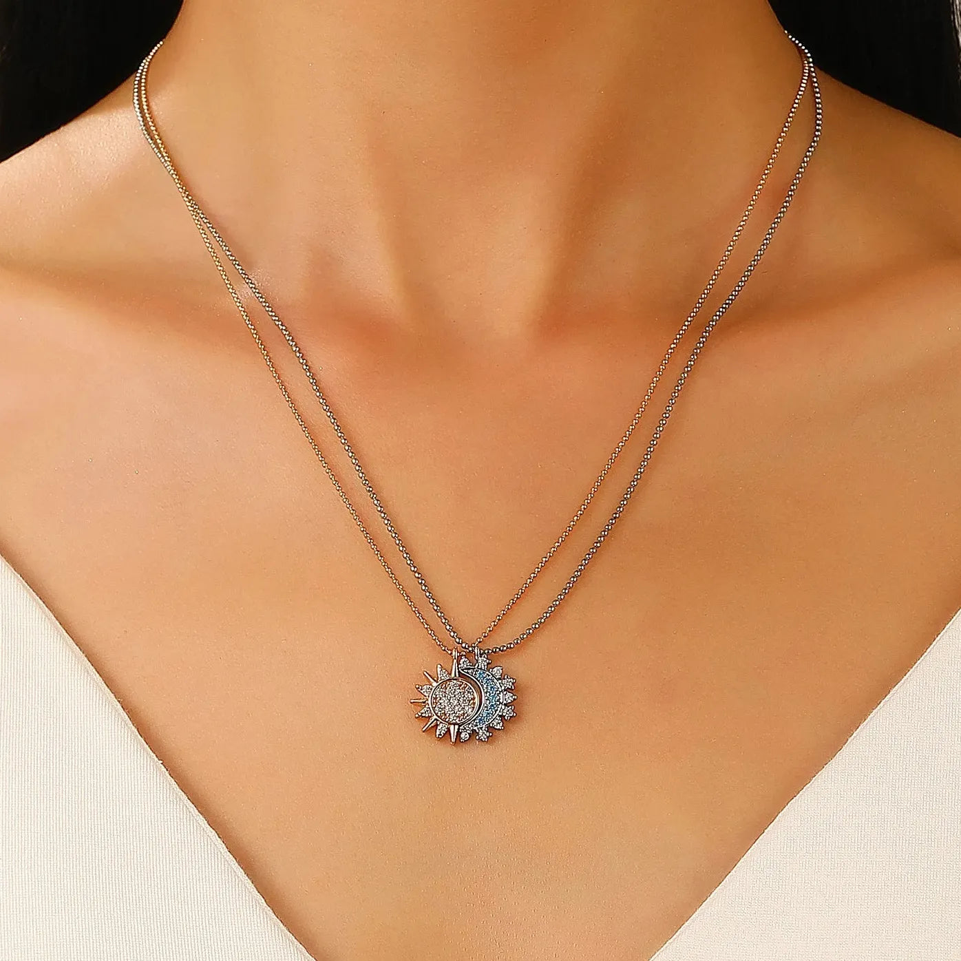 Copper Sun Moon Pendant Necklace with Rhinestones Vintage Jewelry Gift
