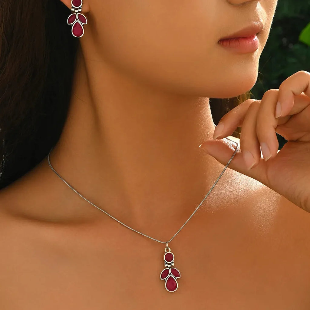 Vintage Rose Red Synthetic Stone Necklace Earring Set Zinc Alloy Jewelry Gift