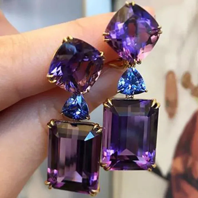 Double Drop Purple Square Zircon Earrings for Women, Fashion Jewelry