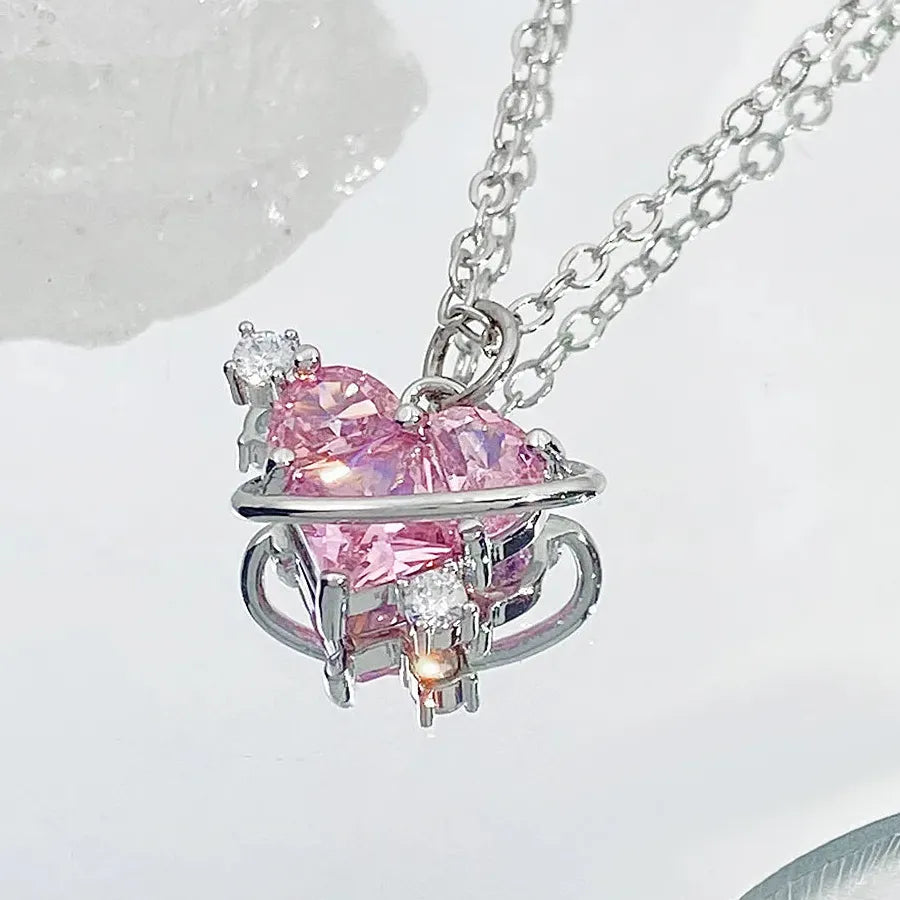 Pink Heart Crystal Necklace & Earrings Set Zinc Alloy Kpop Jewelry Gift