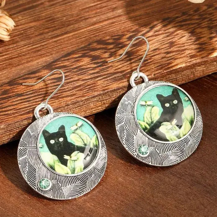 Vintage Round Black Cat Drop Earrings for Women Zinc Alloy Green Leaf Dangle