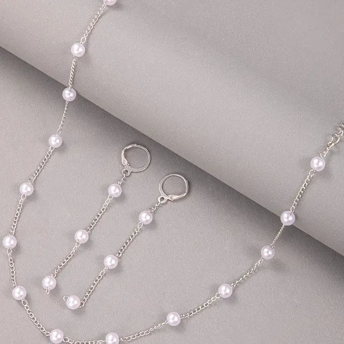 3Pcs Korean Gold Pearl Choker Necklace Earrings Set Fashion Jewelry