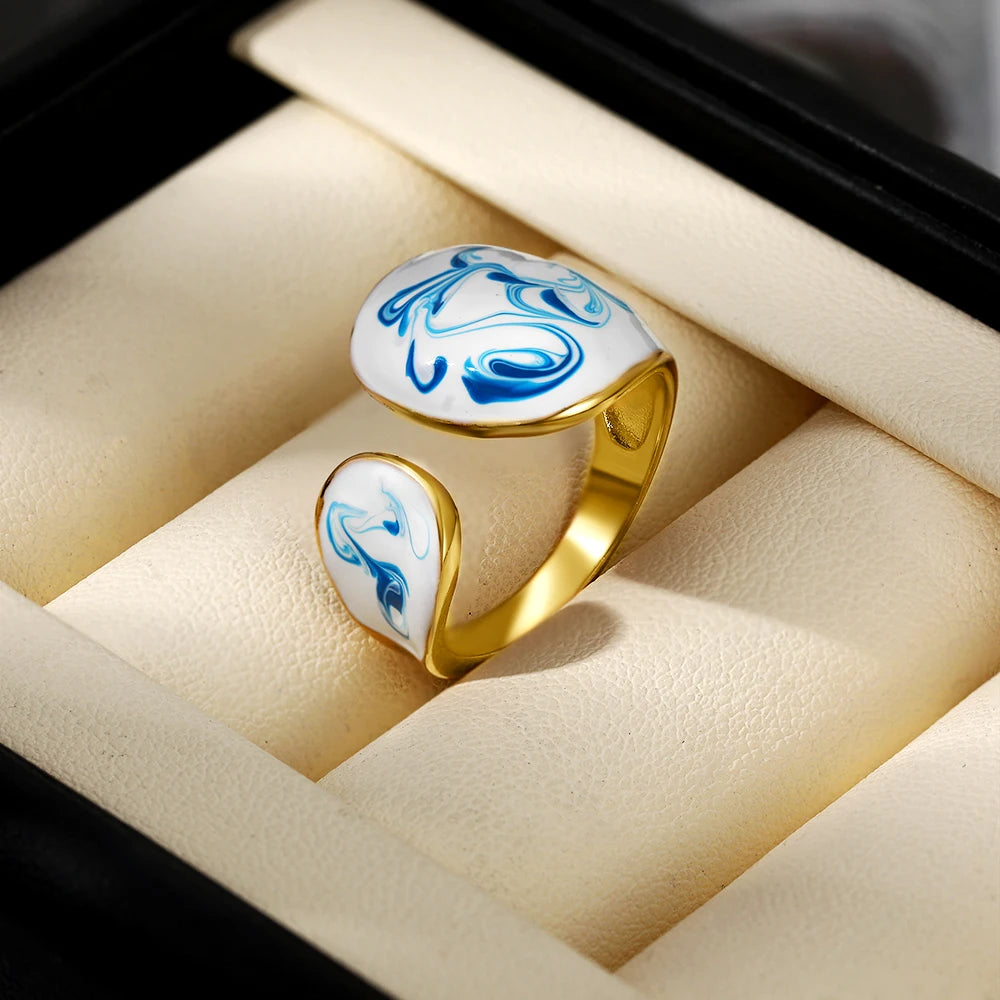 18k Gold Plated Stainless Steel Blue White Porcelain Waterdrop Dome Ring Geometric