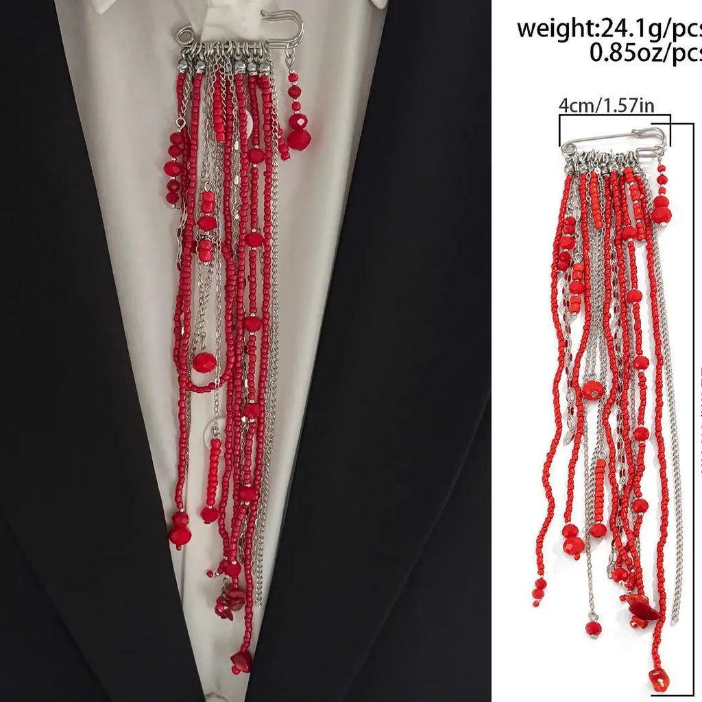 Red Crystal Heart Brooch with Tassel Chain Pendant Jewelry for Women Men