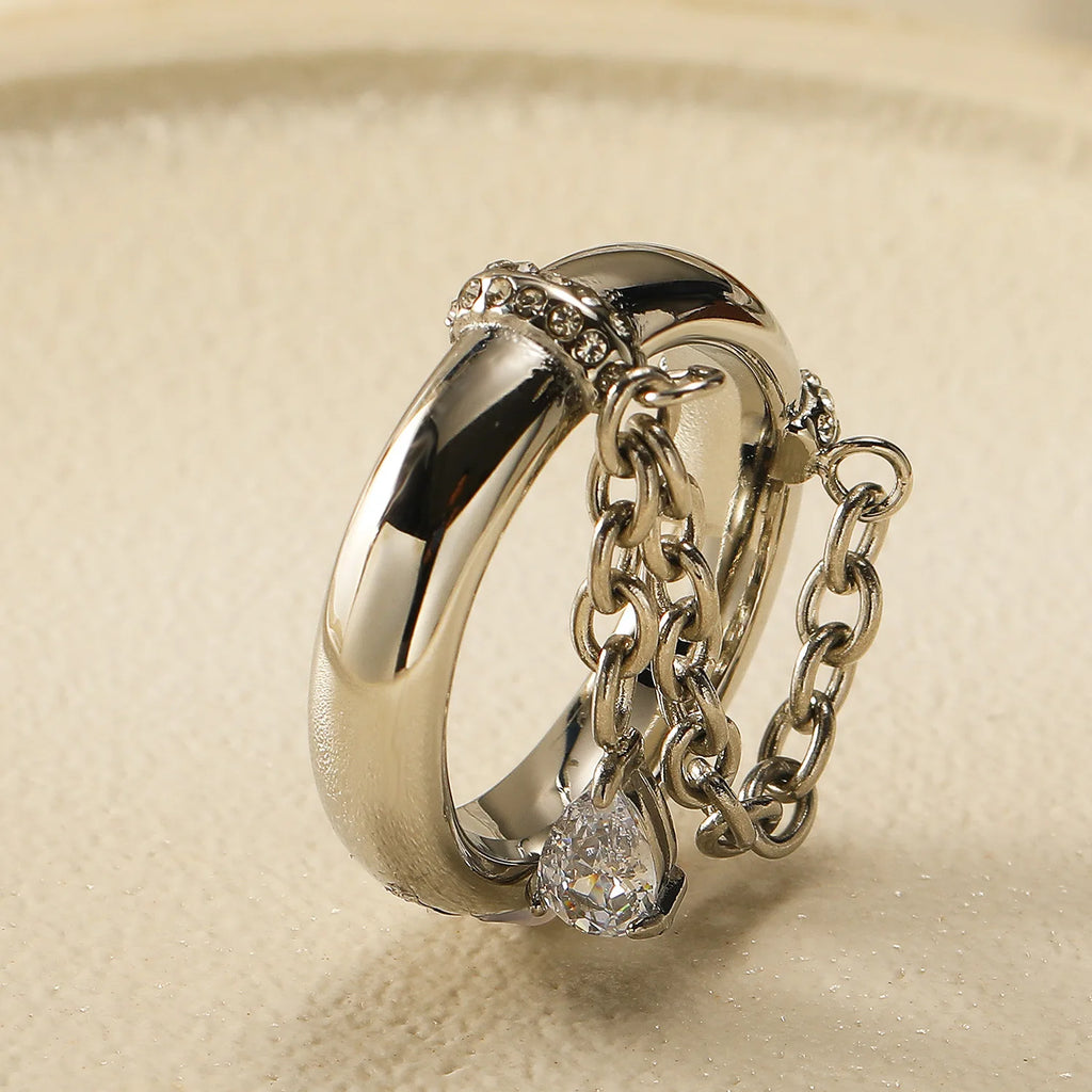 18K Gold Plated Stainless Steel CZ Chain Link Ring Women Waterproof Retro Jewelry