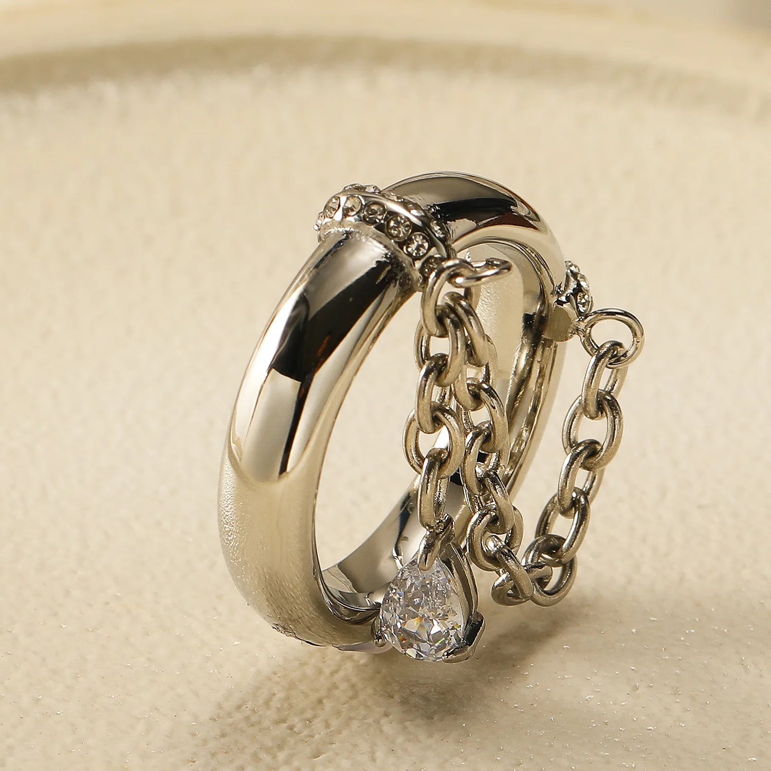 18K Gold Plated Stainless Steel CZ Chain Link Ring Women Waterproof Retro Jewelry