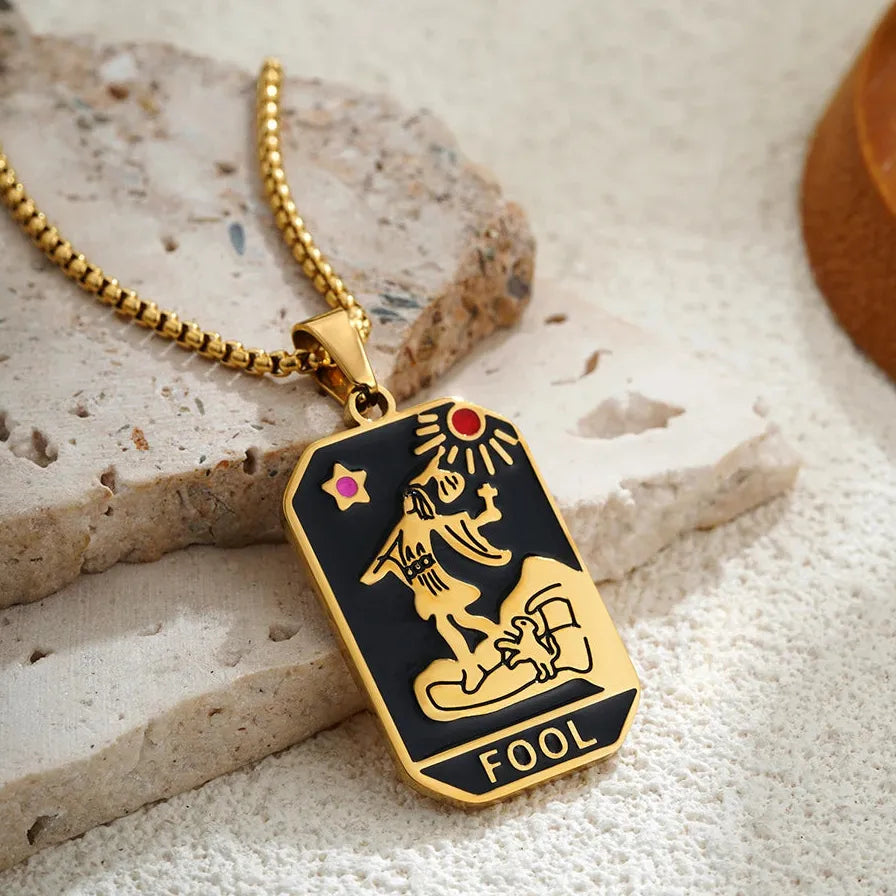 Vintage Gold Plated Stainless Steel Tarot Card Pendant Necklace for Women Punk
