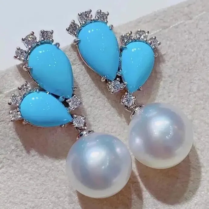Blue Gemstone Imitation Pearl Drop Earrings for Ladies Wedding Engagement Jewelry