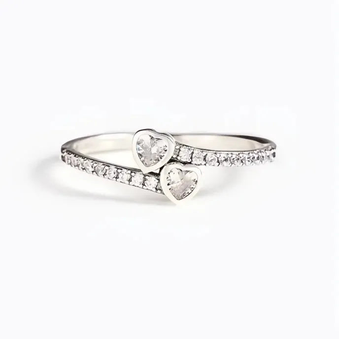 Double Heart Shaped Brass Ring for Women Cubic Zirconia Wedding Band Fashion Jewelry