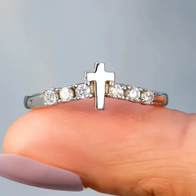 Brass Cross Ring with Cubic Zirconia Wedding Band Gift for Women