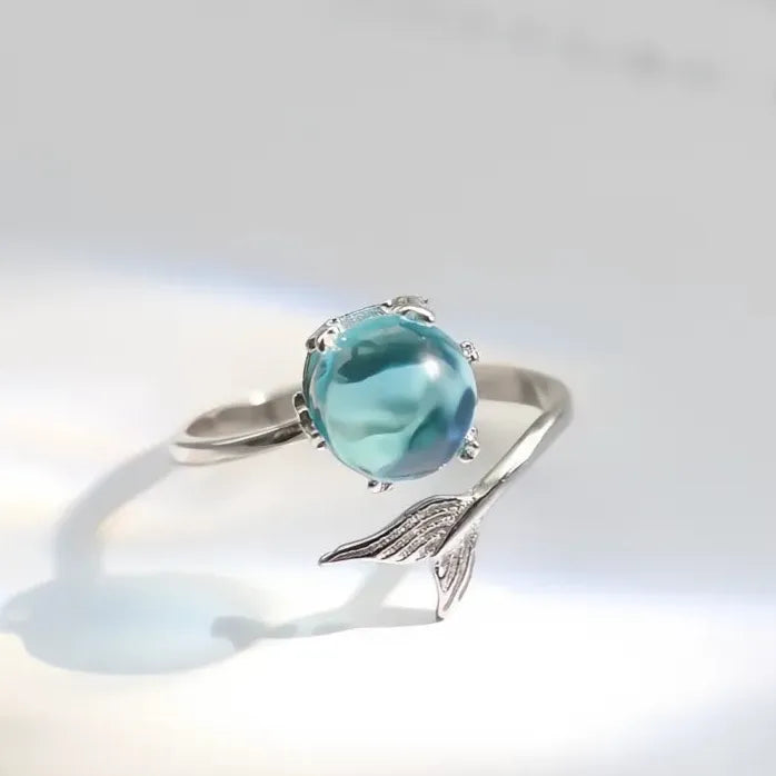 Adjustable Silver Plated Blue Mermaid Fish Tail Bubble Ring for Women Girls