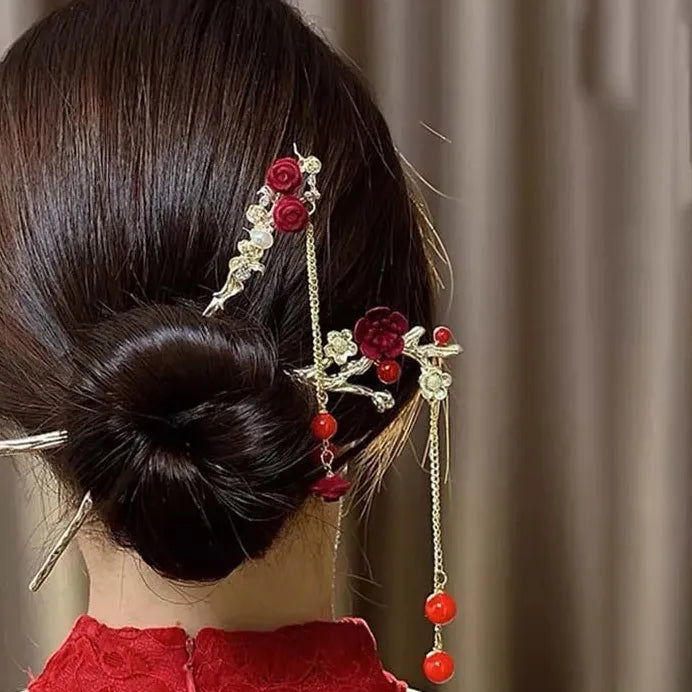 Vintage Chinese Red Rose Alloy Tassel Hair Stick for Women Hairpin