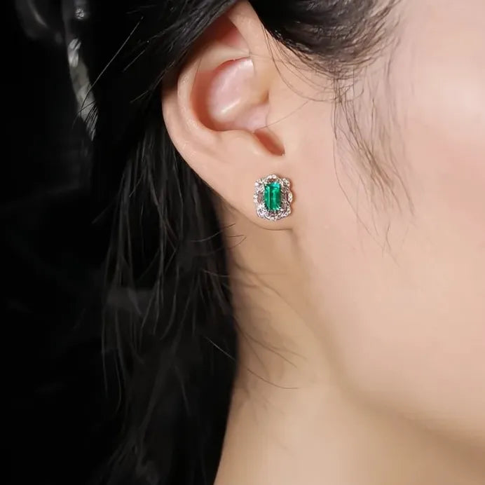 Green Geometric Cubic Zirconia Silver Stud Earrings Bridal Jewelry