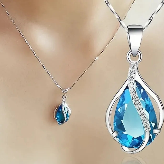 Sky Blue Water Drop Cubic Zirconia Copper Pendant Necklace for Women Wedding