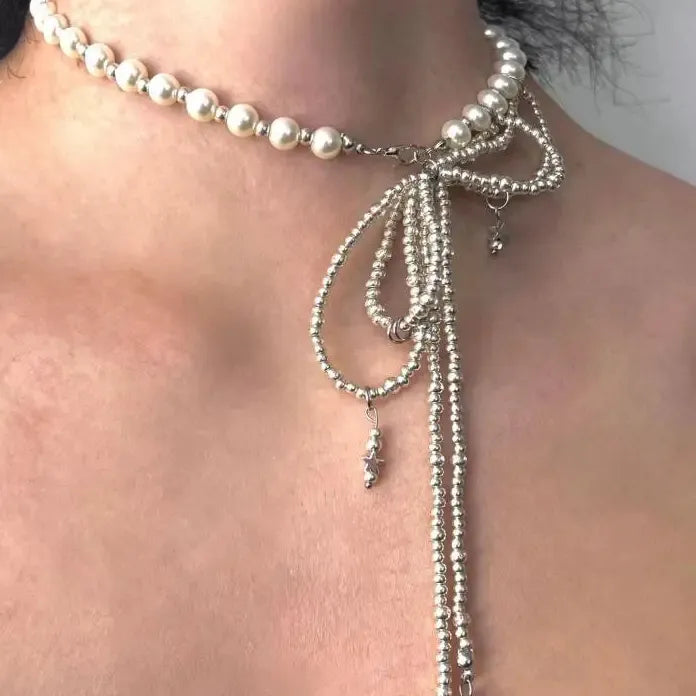 Punk Imitation Pearl Bowknot Hiphop Metal Bead Tassel Necklace Unisex