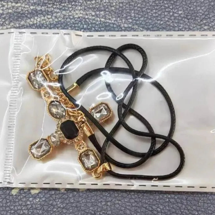 Crystal Cross Pendant Necklace Leather Choker Punk Gothic Hip Hop Unisex Jewelry