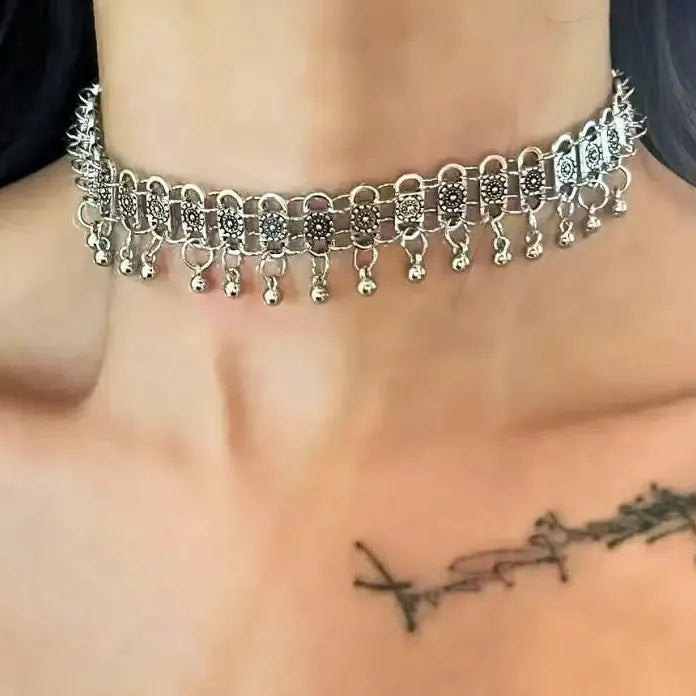 Silver Tassel Small Bells Necklace Choker for Women Men Punk Jewelry