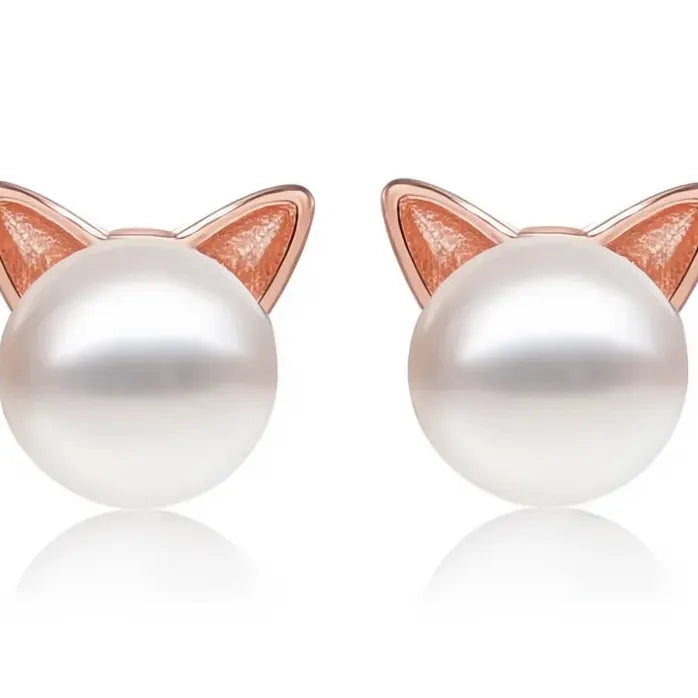 Geometric Cat Ear Imitation Pearl Stud Earrings for Women Brass Jewelry