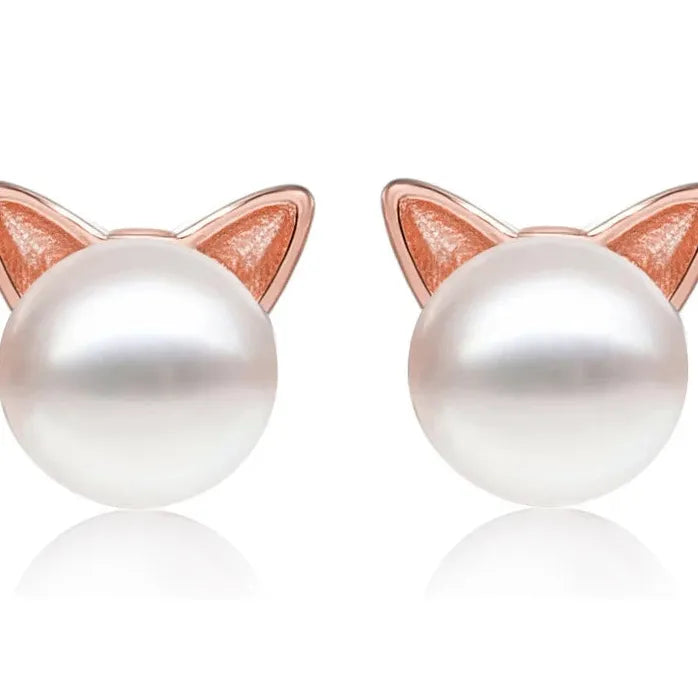 Cat Ear Pearl Stud Earrings for Women Dainty Sweet Girls Jewelry